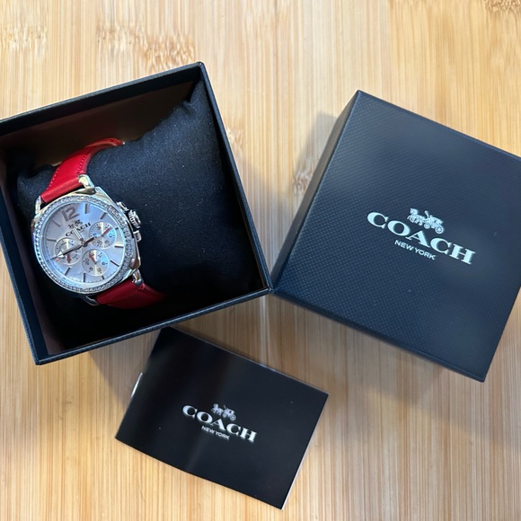 Coach Boyfriend Watch With 35mm Silver Chronograph Face & Red Leather Band - Picture 6 of 6
